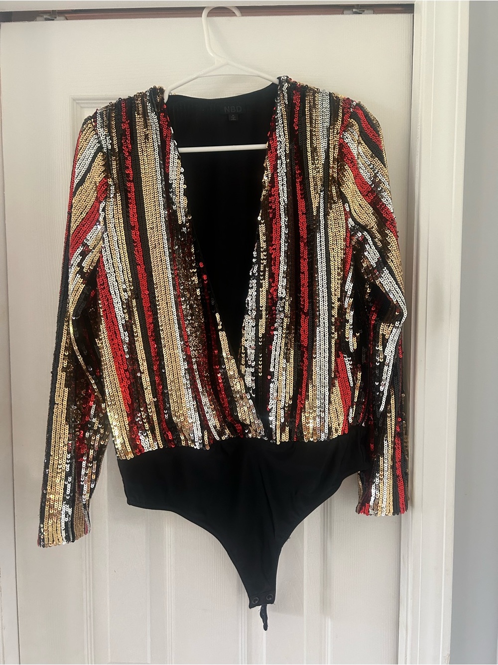 NBD Revolve Plunging Sequin Striped Long Sleeve Bodysuit Medium Multicolor